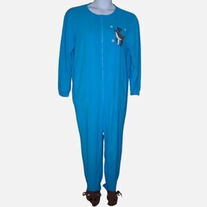 NICK & NORA blue reindeer holiday‎ zip up fleece footie pajamas XL